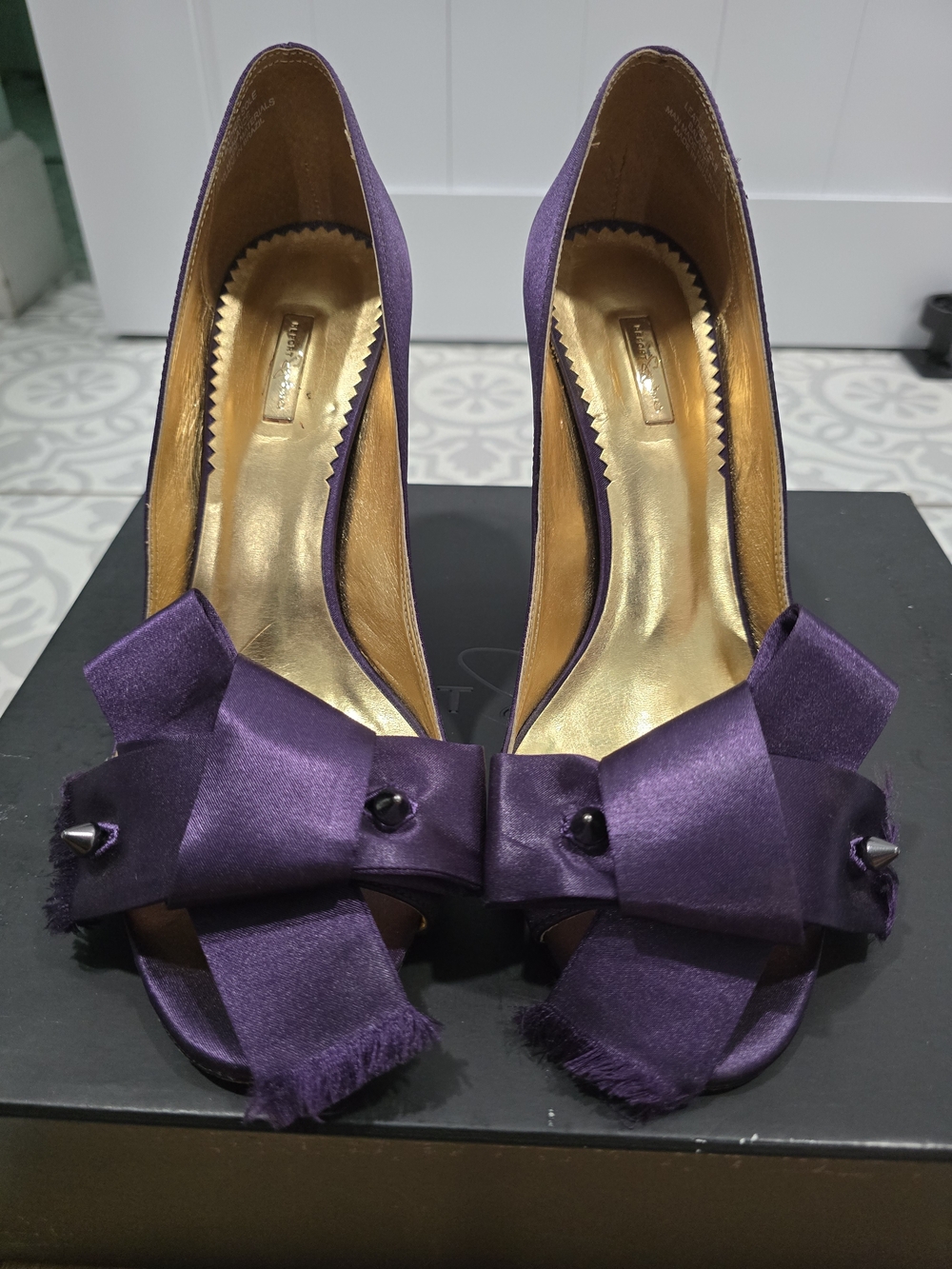 Report Signature Purple Satin Bow Peep-Toe Heels